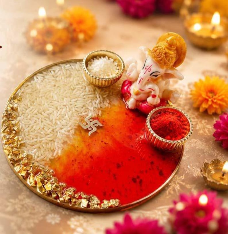 Handmade Resin Pooja Plate with Ganesh Idol, Gold Foil Diwali Decor, Wedding Favor image 3