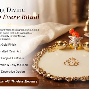 A white resin pooja thali with gold-toned decorative edges and a central gold Ganesha emblem. The tray features a small, colourful Ganesha figurine flanked by two gold-toned bowls. Text on the image includes Bring Divine Grace to Every Ritual.