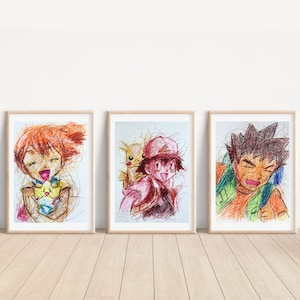 Classic Poke Trainers Ballpoint Pen Print Set, Poke Art Print, Video Game Art, Nintendo Art Print, Anime Fanart, Poke Decor