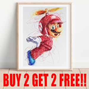 Propeller Mario Ballpoint Pen Print, Buy 2 Get 2 FREE, Super Mario Art Print, Video Game Poster, Nintendo Art Print, Mario Bros Decor
