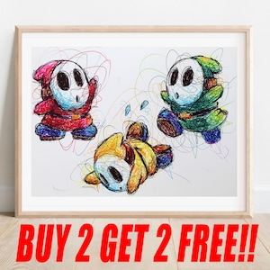 Shy Guys Ballpoint Pen Print, Buy 2 Get 2 FREE, Yoshi&#39;s Island, Super Mario Art, Nintendo Artwork, Video Game Art, Game Room Decor