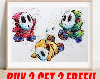 Shy Guys Ballpoint Pen Print, Buy 2 Get 2 FREE, Yoshi's Island, Super Mario Art, Nintendo Artwork, Video Game Art, Game Room Decor