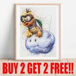 Lakitu Ballpoint Pen Print, Buy 2 Get 2 FREE, Super Mario Art Poster, Nintendo Art Print, Video Game Art, Game Room Poster, Mario Movie Art
