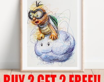 Lakitu Ballpoint Pen Print, Buy 2 Get 2 FREE, Super Mario Art Poster, Nintendo Art Print, Video Game Art, Game Room Poster, Mario Movie Art
