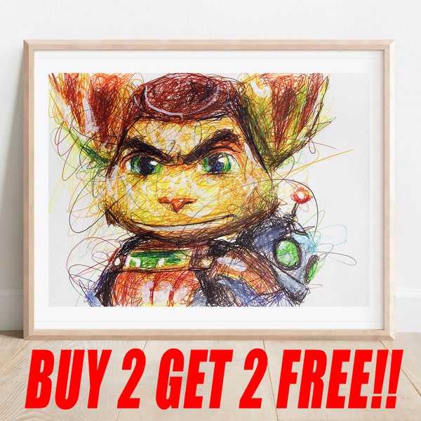 Ratchet and Clank Ballpoint Pen Print, Buy 2 Get 2 FREE, PS2 Artwork, Video Game Art, Game Room Poster, Play Station Art Print