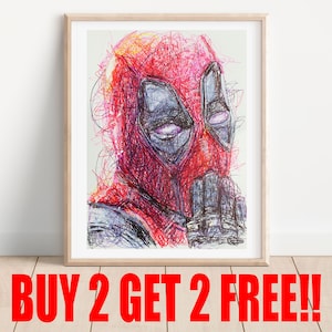 Deadpool Ballpoint Pen Print, Buy 2 Get 2 FREE, Super Hero Art Poster, Comic Book Art Print, Art Wall Decor, Deadpool Fanart