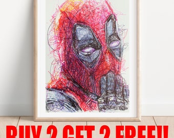 Deadpool Ballpoint Pen Print, Compre 2 y obtenga 2 GRATIS, Super Hero Art Poster, Comic Book Art Print, Art Wall Decor, Deadpool Fanart