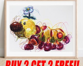 Wiggler Ballpoint Pen Print, Buy 2 Get 2 FREE, Super Mario World Art, Nintendo Artwork, Video Game Poster, Game Room Decor, Hand Signed