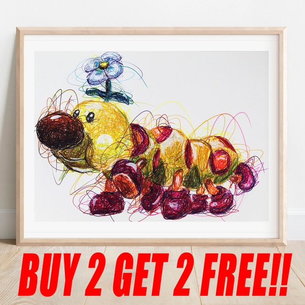 Wiggler Ballpoint Pen Print, Buy 2 Get 2 FREE, Super Mario World Art, Nintendo Artwork, Video Game Poster, Game Room Decor, Hand Signed