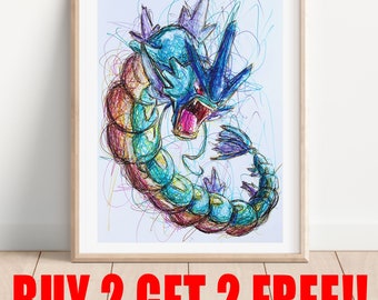 Gyarados Ballpoint Pen Art Print, BUY 2 GET 2 FREE, Poke Red and Blue Artwork, Video Game Art, Nintendo Art Print, Home Decor
