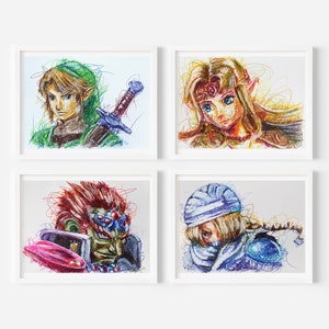 Legend of Zelda Ballpoint Pen Print Set, Video Game Art Decor, Nintendo Art Prints, Legend of Zelda Artwork, Gamer Room Decor, Retro Games