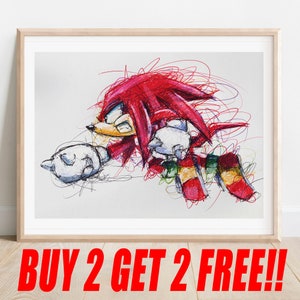 Knuckles Ballpoint Pen Print, Buy 2 Get 2 FREE, Nintendo Artwork, Video Game Art Decor, Blue Hedgehog Fanart, Kids Room Decor