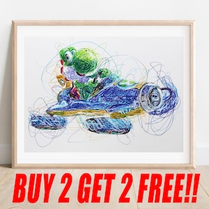 Yoshi Kart Ballpoint Pen Print, Buy 2 Get 2 FREE, Video Game Art, Nintendo Poster, Mario Kart Poster, Super Mario Art, Game Room Artwork
