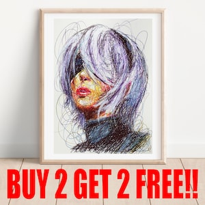 2B Ballpoint Pen Print, Buy 2 Get 2 FREE, Nier Automata Art Poster, Nintendo Art Print, Video Game Art, Gamer Room Decor, Anime Fanart