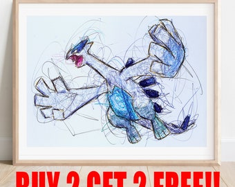 Lugia Ballpoint Pen Print, BUY 2 GET 2 FREE, Poke Art Print, Video Game Poster, Nintendo Artwork, Poke Silver Art, Anime Decor