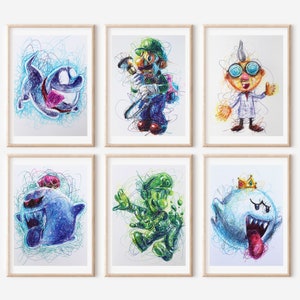 Luigi&#39;s Mansion Ballpoint Pen Print Set, Set of 6, Video Game Art, Super Mario Art, Nintendo Art Print, Mario and Luigi Art, King Boo Art