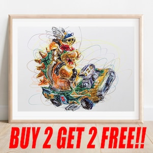 Bowser Kart Ballpoint Pen Print, Buy 2 Get 2 FREE, Mario Kart Poster, Video Game Art, Nintendo Fanart, Game Room Art, Mario Movie Art