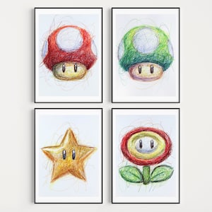 Super Mario Power Up Ballpoint Pen Print Set, 4 Prints, Fire Flower, Mushroom, 1 Up, Star Artwork, Nintendo Art Print, Video Game Art, Gamer