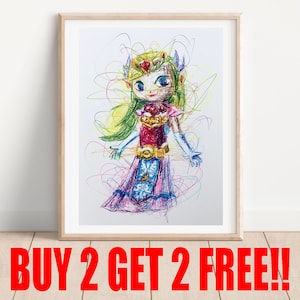 Toon Zelda Ballpoint Pen Print, Buy 2 Get 2 FREE, Legend of Zelda Wind Waker Art, Nintendo Gamecube Artwork, Video Game Poster, Game Room