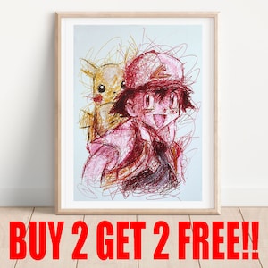 ASh Ketchum and Pikachu Ballpoint Pen Print, Buy 2 Get 2 FREE, Poke Fanart, Video Game Art, Nintendo Poster, Catch Them All, Games