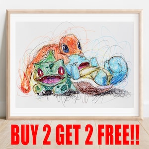 Poke Starters Ballpoint Pen Print, Buy 2 Get 2 FREE, Squirtle, Charmander, Bulbasaur Artwork, Poke Red and Blue Art, Nintendo Artwork