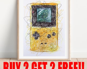 Gameboy Yellow Ballpoint Pen Print, Video Game Art, Nintendo Art Print, Gamer Rom Decor, Retro Video Games, Super Mario Art, Video Games