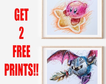 Kirby and Metaknight Ballpoint Pen Print Set, Get 2 FREE PRINTS, Kirby Super Star, Video Game Art, Nintendo Artworks, Gamer Room Art Posters