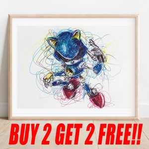 Metal Blue Hedgehog Ballpoint Pen Print, Buy 2 Get 2 FREE, Nintendo Artwork, Video Game Decor, Game Room Wall Decor, Kids Room Art