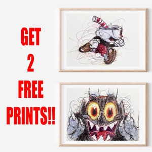 Cuphead and the Devil Ballpoint Pen Print Set, Get 2 FREE PRINTS, Video Game Art, Game Room Decor, Cuphead Fanart, Arcade Art Posters
