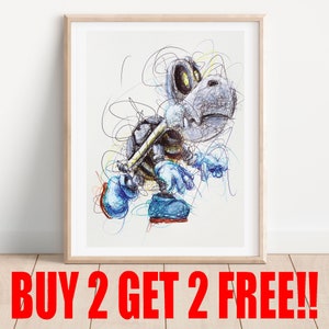 May include: A framed art print featuring a scribbled illustration of a Dry Bones character. The artwork is primarily gray, blue, and yellow, with a scribbled style. The text "BUY 2 GET 2 FREE!!" is displayed in red at the bottom.