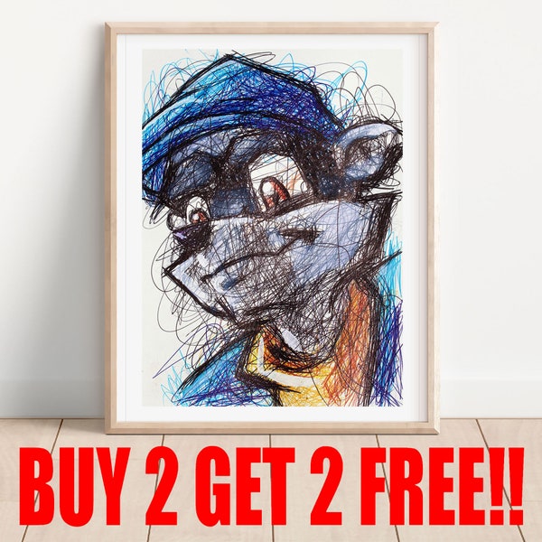 Sly Cooper Ballpoint Pen Print, Buy 2 Get 2 FREE, Play Station 2 Art Poster, Video Game Art, Gamer Room Art, Game Room Decor, PS2 Art Print