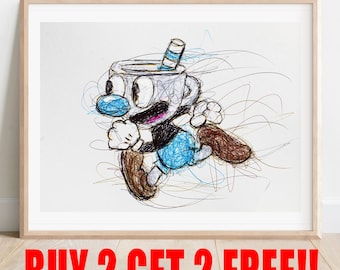 Mugman Ballpoint Pen print, Buy 2 Get 2 FREE, Cuphead Art Print, Video Game Art, Arcade Poster, Video Game Decor, Nintendo Art Print