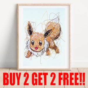 Eevee balpenprint, koop 2 en krijg 2 gratis, Poke-fanartprint, Nintendo-kunstposter, anime-fanart, gamerkamerkunst, videogamekunstwerken