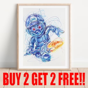 Shadow Mario Ballpoint Pen Print, Buy 2 Get 2 FREE, Super Mario Sunshine Art, Video Game Art, Nintendo Art Poster, Video Game Artwork