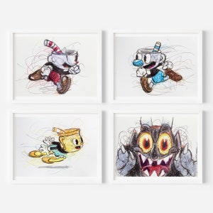 Cuphead Ballpoint Pen Print Set, Video Game Art, Nintendo Artwork, Gamer Room Decor, Kids Room Decor, Gamer Decor, Arcade Art Print