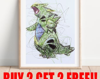 Stampa artistica con penna a sfera Poke Monster, ACQUISTA 2 E RICEVI 2 GRATIS, Arte Poke Gold e Silver, Stampa artistica Nintendo, Arte di videogiochi, Decorazione per la casa