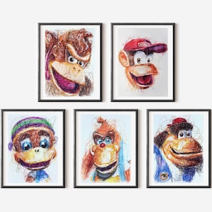 Donkey Kong Crew Ballpoint Pen Print Set, Donkey Kong 64 Art, Video Game Art, Gamer Room Decor, Nintendo 64 Art Poster, Donkey Kong Country