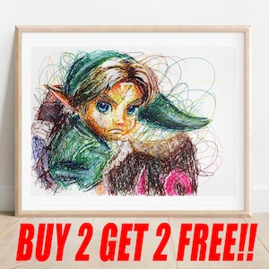 Young Link Ballpoint Pen Print, Buy 2 Get 2 FREE, Legend of Zelda Majora&#39;s Mask, Video Game Decor, Nintendo Poster
