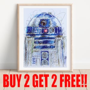 May include: A framed print of a blue and white robot drawn in a scribble style. The robot has a round head with a single eye and a rectangular body with multiple panels. The print is framed in a light wood frame.