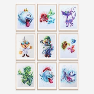 9 Print Set of Luigi&#39;s Mansion Characters, Luigi&#39;s Mansion Art, Video Game Decor, Nintendo Art Posters, Super Mario Art, Kids Room Decor