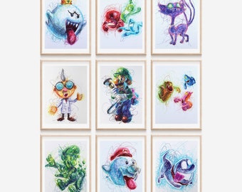 Juego de 9 impresiones de personajes de Luigi's Mansion, arte de Luigi's Mansion, decoración de videojuegos, carteles de arte de Nintendo, arte de Super Mario, decoración de habitaciones para niños