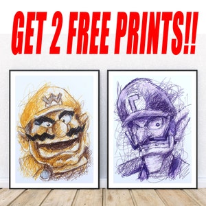 Wario und Waluigi Kugelschreiber Druck Set, GET 2 FREE PRINTS, Video Game Art, Nintendo Fanart, Super Mario Kunstwerk, Game Room Decor,