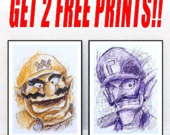 Wario and Waluigi Ballpoint Pen Print Set, GET 2 FREE PRINTS, Video Game Art, Nintendo Fanart, Super Mario Artwork, Game Room Decor,
