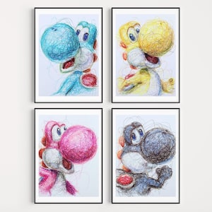 Yoshi CYMK Ballpoint Pen Print Set, Video Game Art, Yoshi&#39;s Islan Art Prints, Nintendo Art Poster, Retro, Super Mario World Art