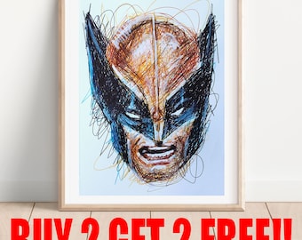 May include: A framed print of a colourful, abstract drawing of Wolverine's face. The drawing is made up of many lines and swirls, creating a dynamic and energetic effect. The background is a light blue colour.