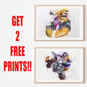 ワリオとワルイージカートのボールペンプリントセット、2枚無料プリントをゲット、任天堂アートポスター、マリオカートアート、ビデオゲームアート、ワリオワールドアートワーク