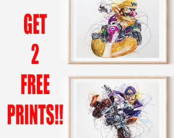 Wario and Waluigi Cart Ballpoint Pen Print Set, Get 2 FREE PRINTS, Nintendo Art Poster, Mario Kart Art, Video Game Art, Wario World Artwork