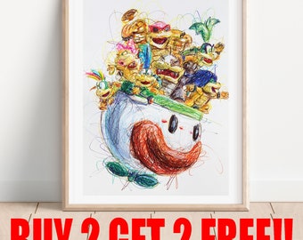 Koopa Kids Ballpoint Pen Print, Buy 2 Get 2 FREE, Super Mario Art, Nintendo Art Poster, Video Game Art, Gamer Room Decor, Kids Room Artwork