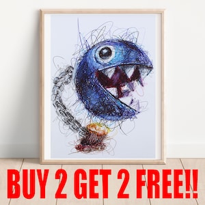 May include: A blue and black cartoon character with a large mouth and a chain, drawn in a scribble style with colored pens on white paper.