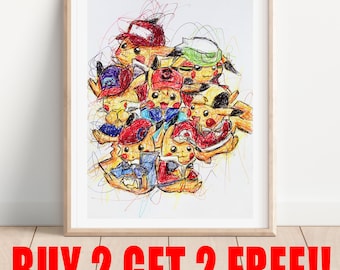Pikachu Generations Ballpoint Pen Print, Buy 2 Get 2 FREE, Poke Art Print, Video Game Art, Nintendo Art Print, Poke Wall Decor, Gamers